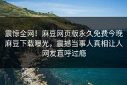 震惊全网！麻豆网页版永久免费今晚麻豆下载曝光，震撼当事人真相让人网友直呼过瘾